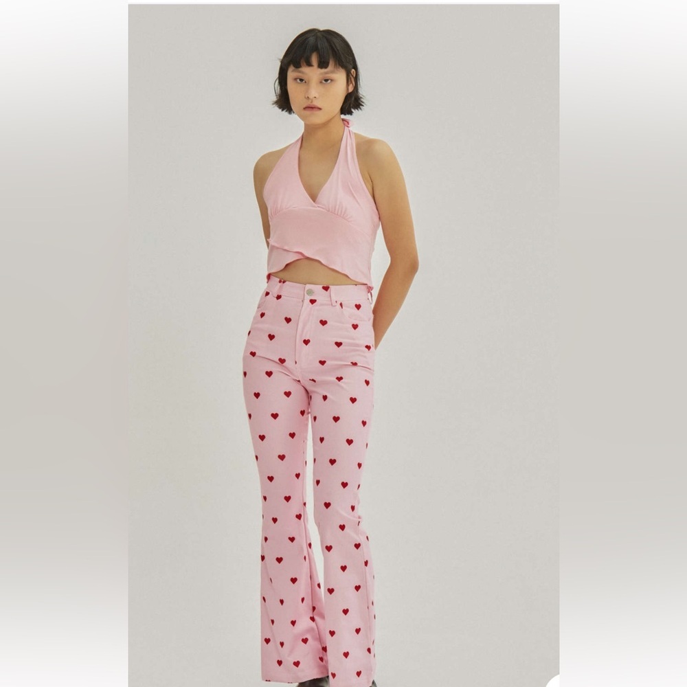 Cider small Pink Heart Pattern high rise Flared Pants. - Picture 2 of 12